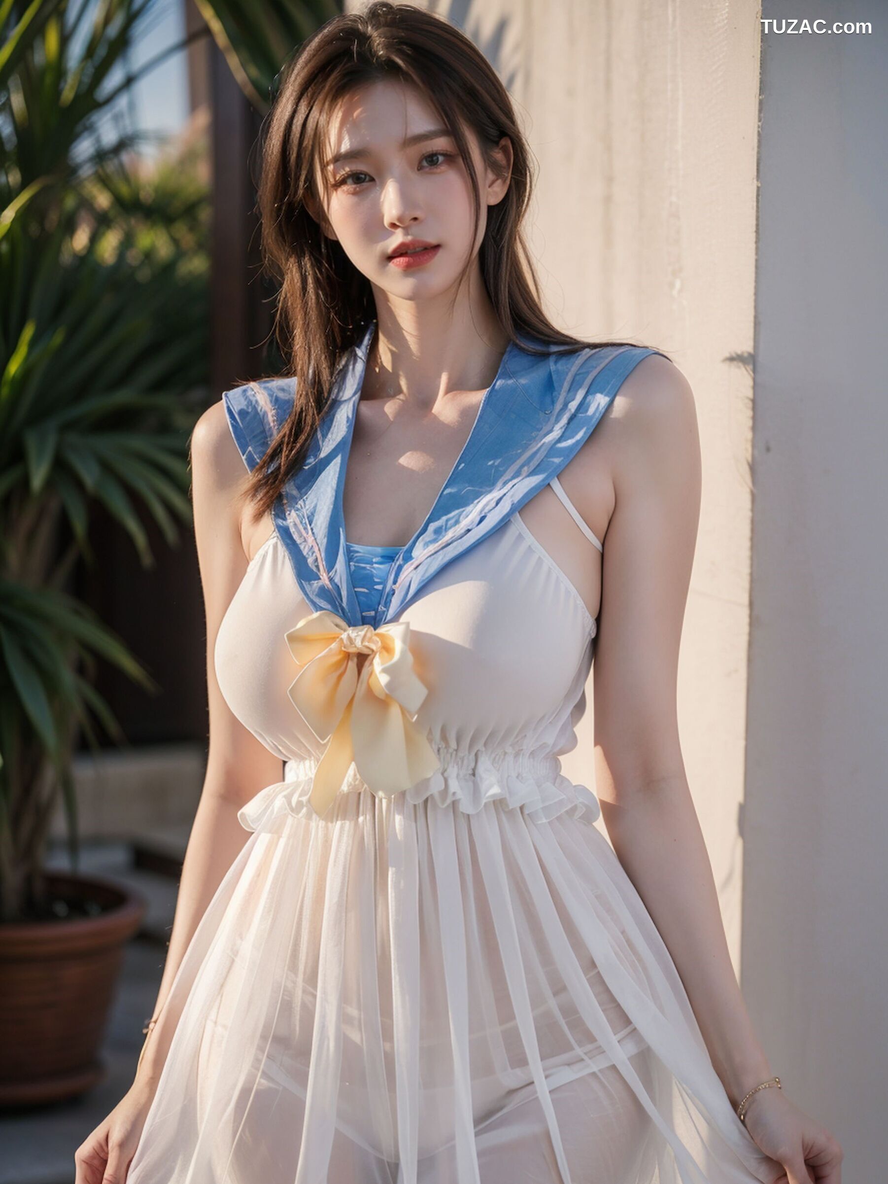 AI美女-超写实-海边城市街拍白色水手纱裙-18禁