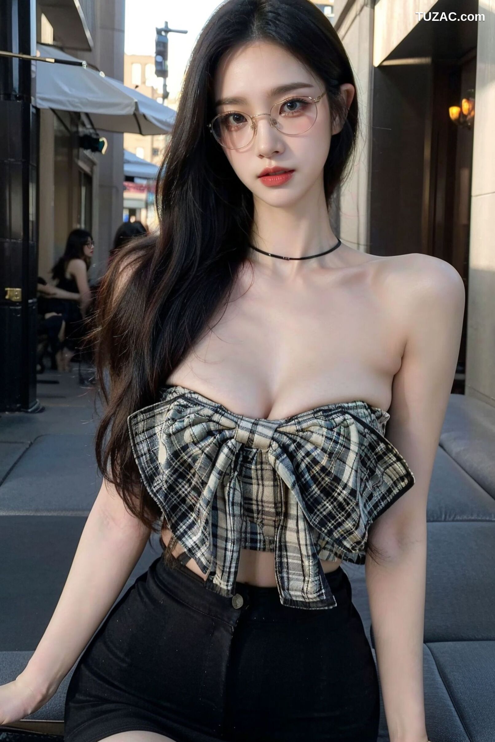AI美女-超写实-格子蝴蝶结抹胸黑短裙美女街拍