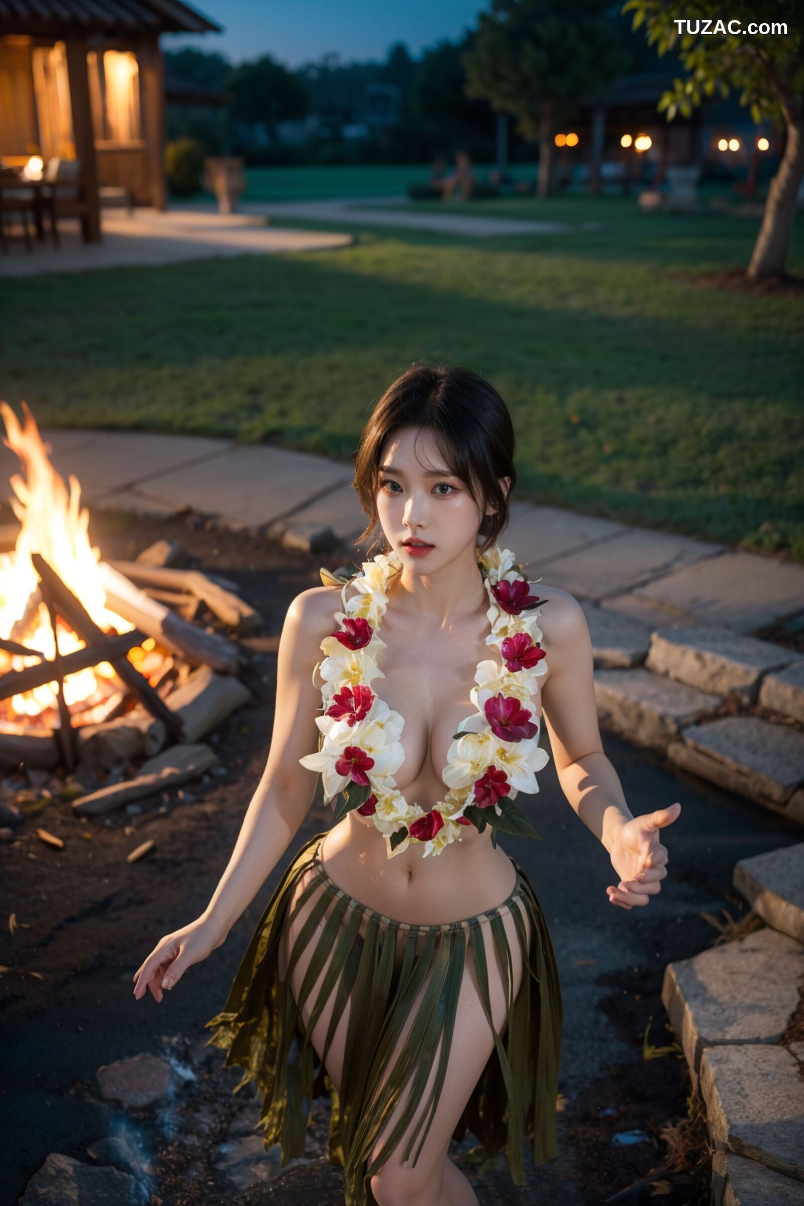 AI美女-拟实-夏威夷草裙花环少女篝火夜