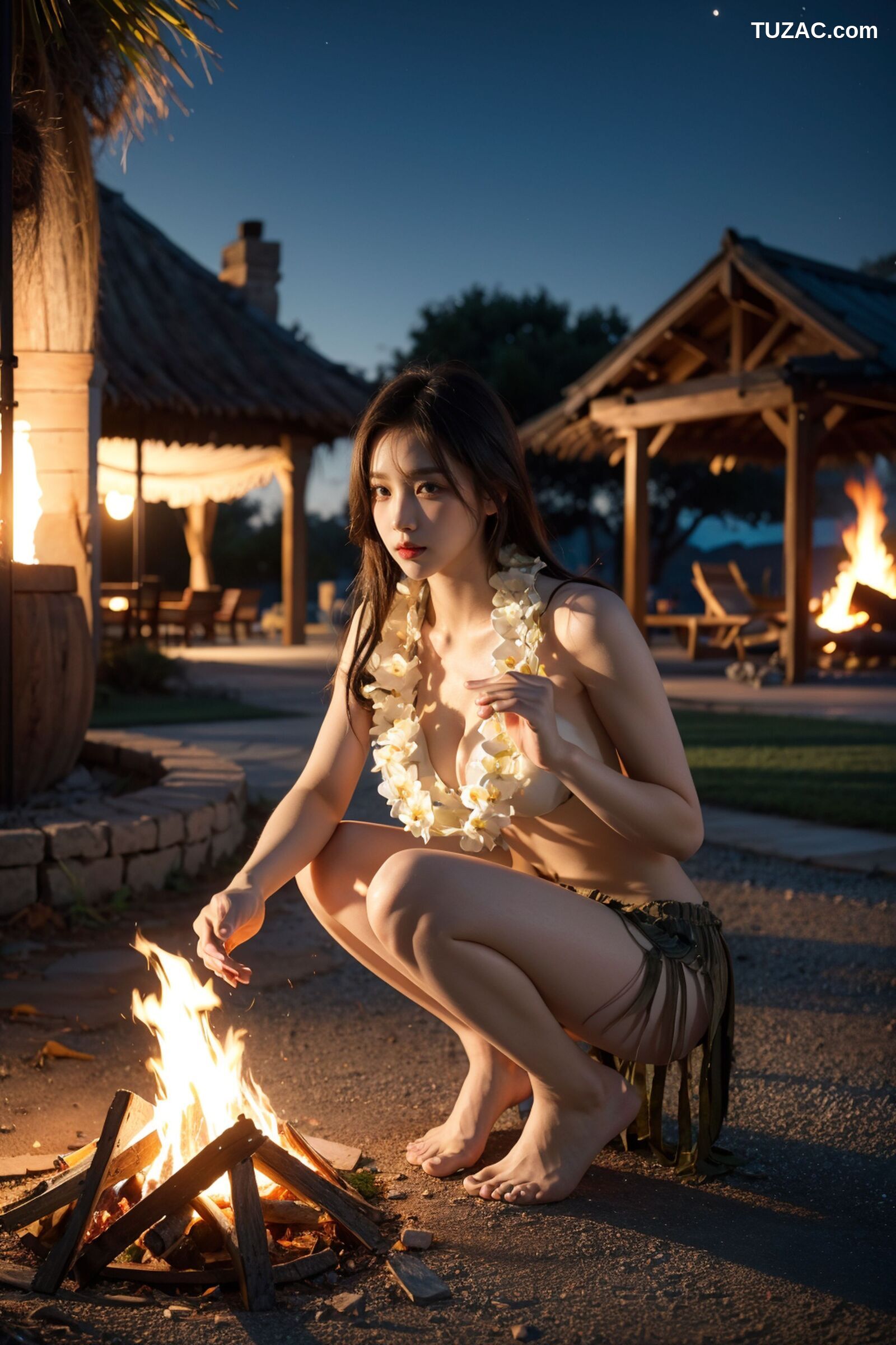 AI美女-拟实-夏威夷草裙花环少女篝火夜