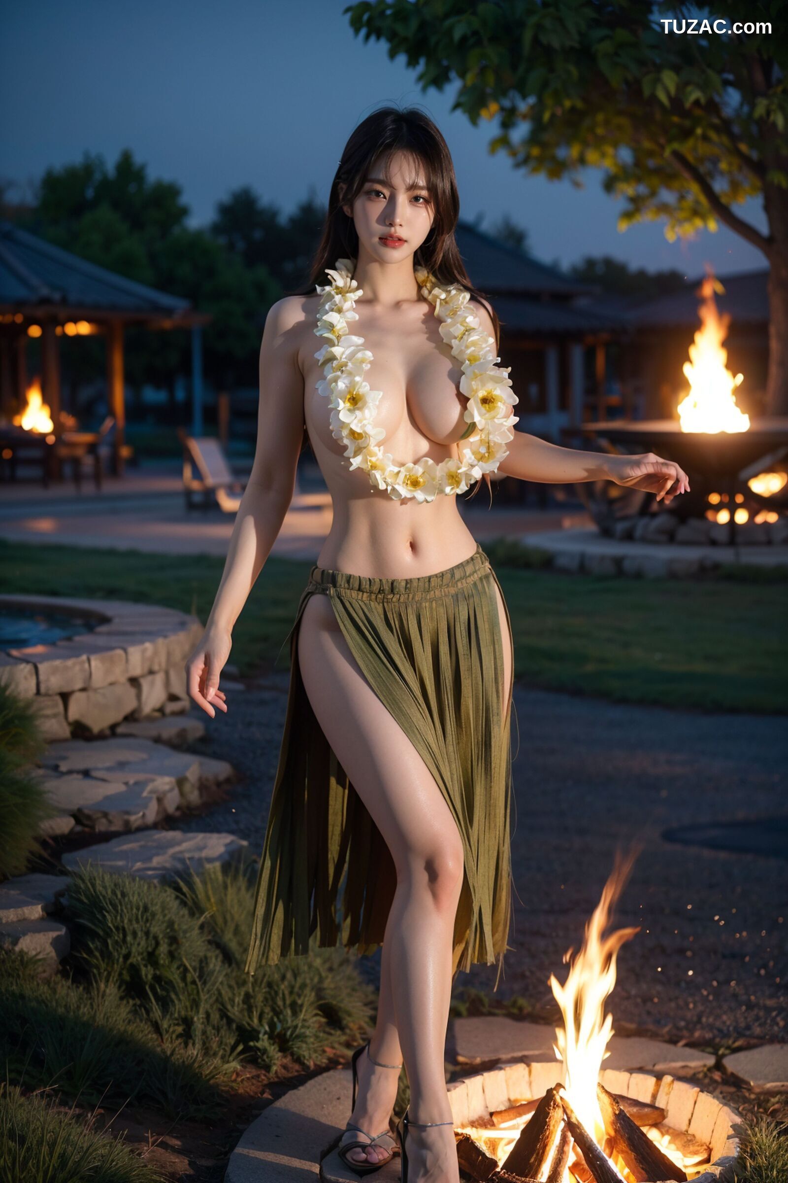 AI美女-拟实-夏威夷草裙花环少女篝火夜