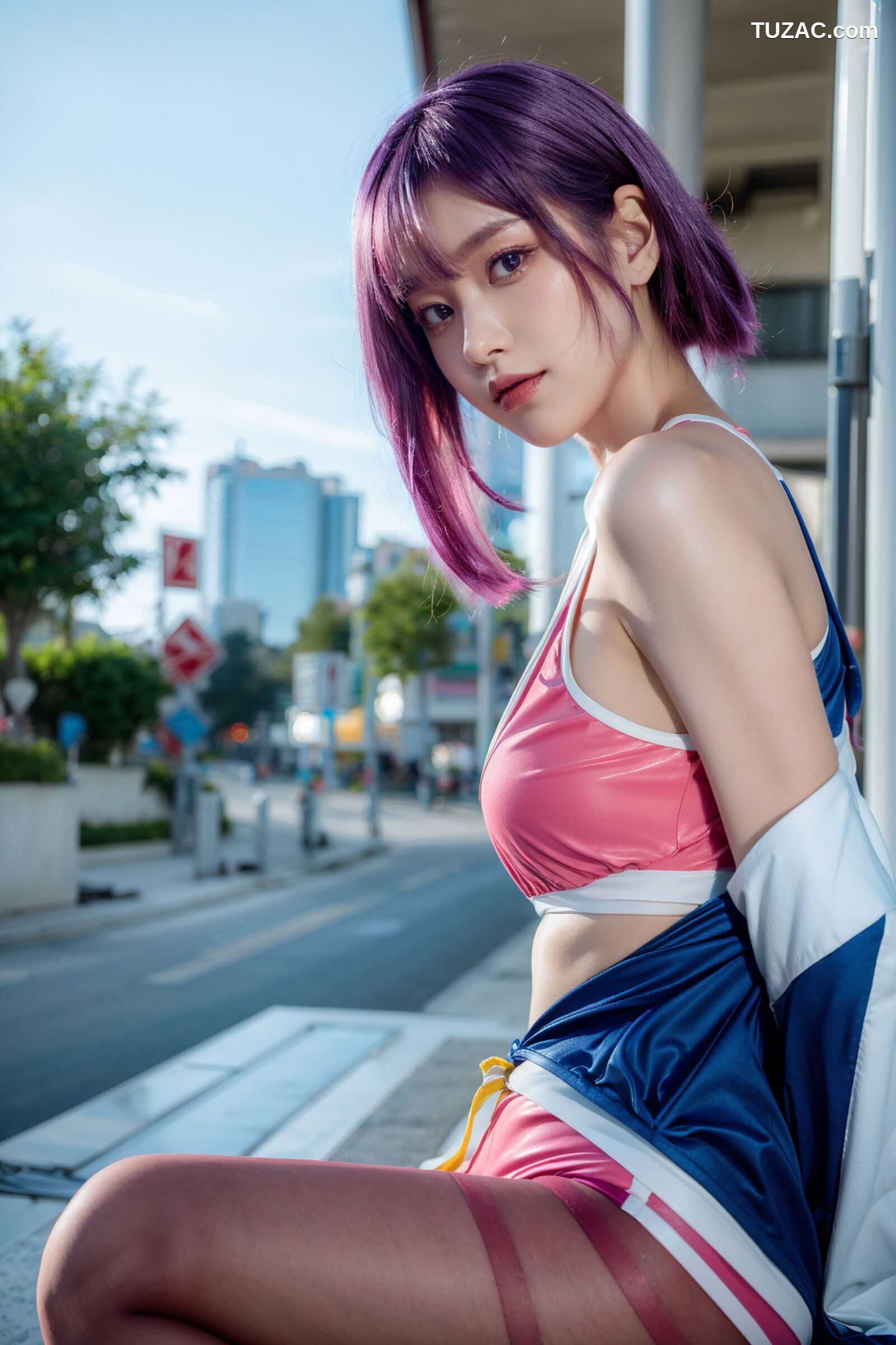 AI美女-拟实-蓝色外套粉色运行背心短裤紫色短发美女