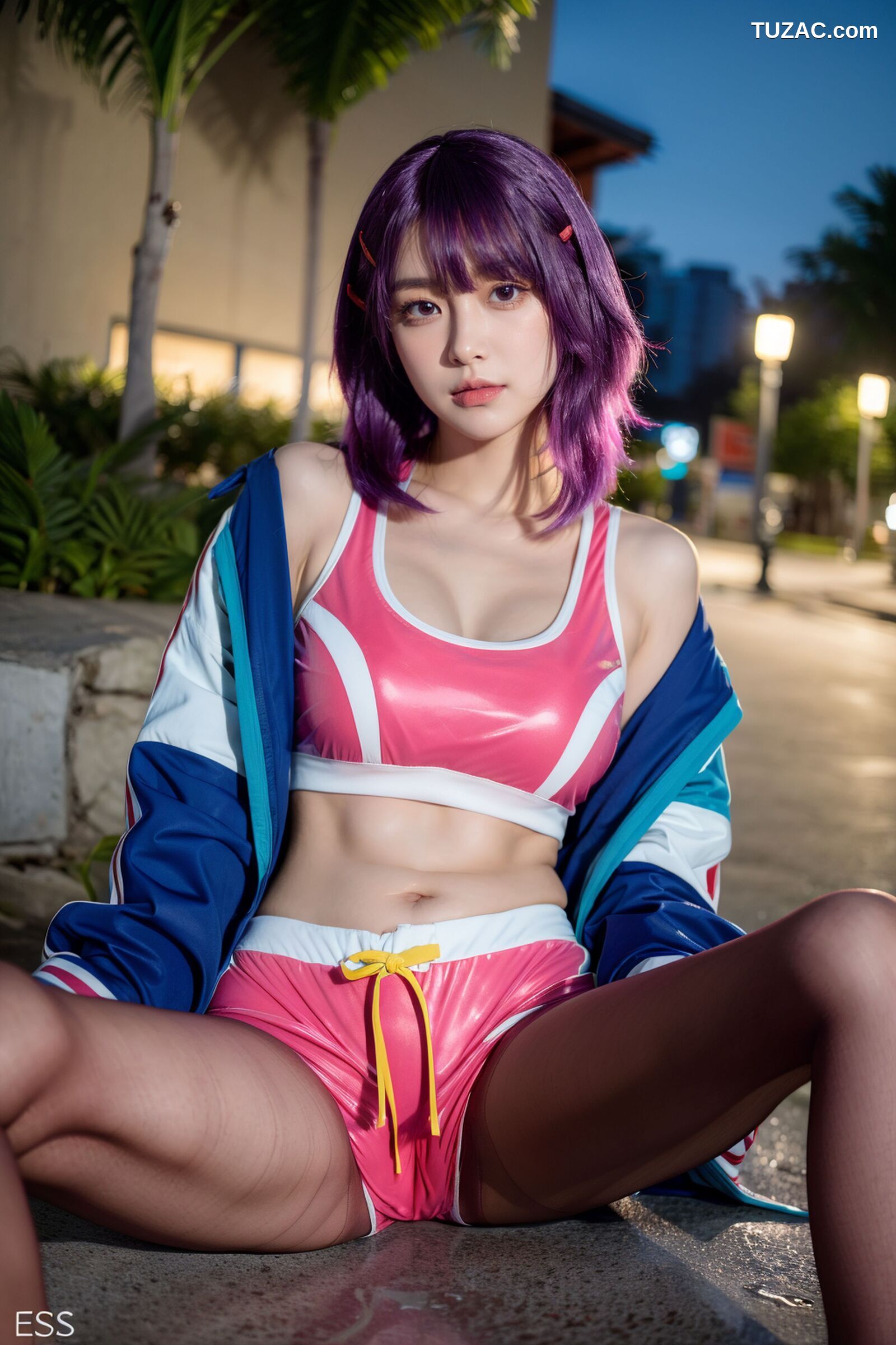 AI美女-拟实-蓝色外套粉色运行背心短裤紫色短发美女