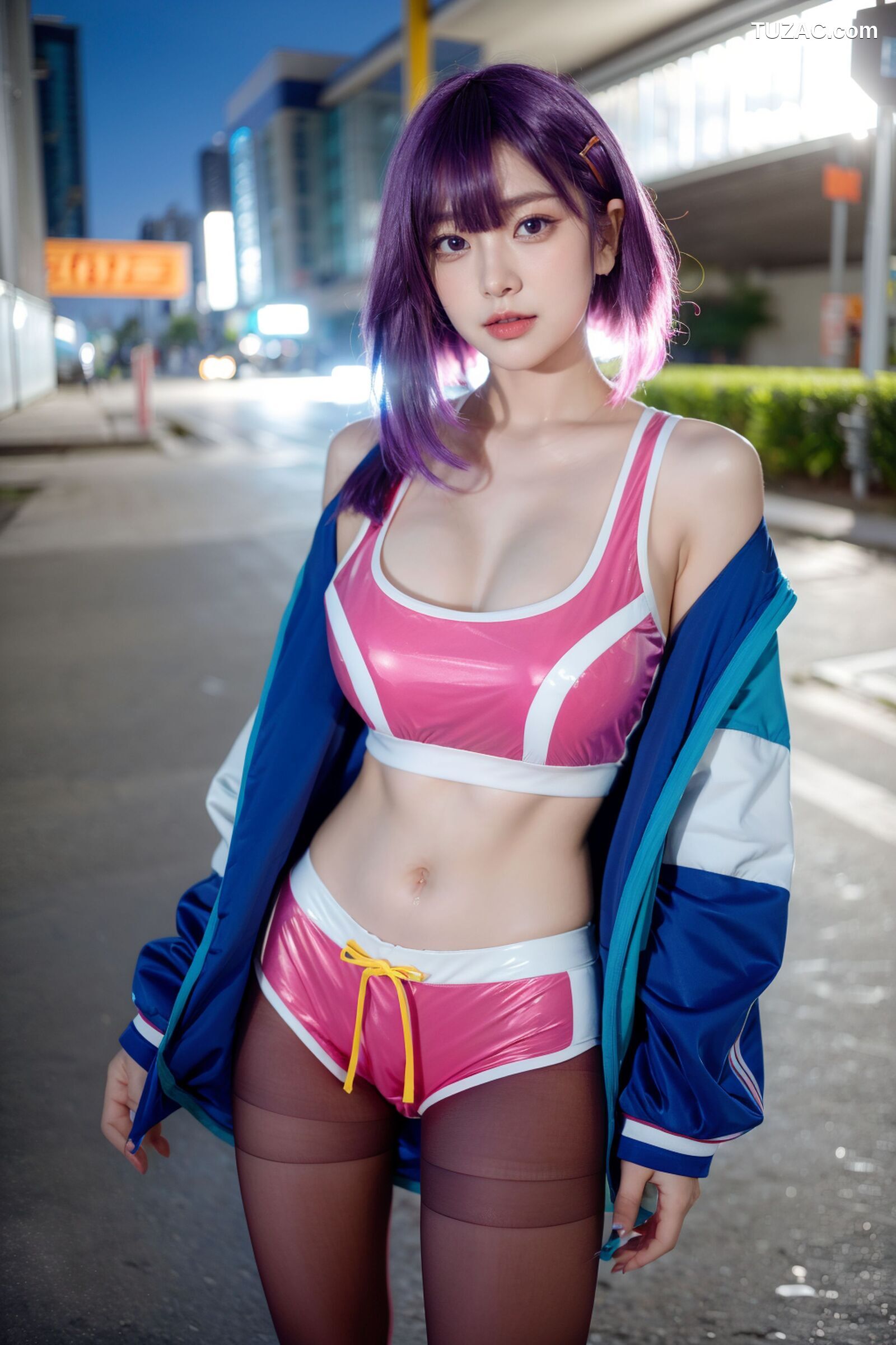 AI美女-拟实-蓝色外套粉色运行背心短裤紫色短发美女