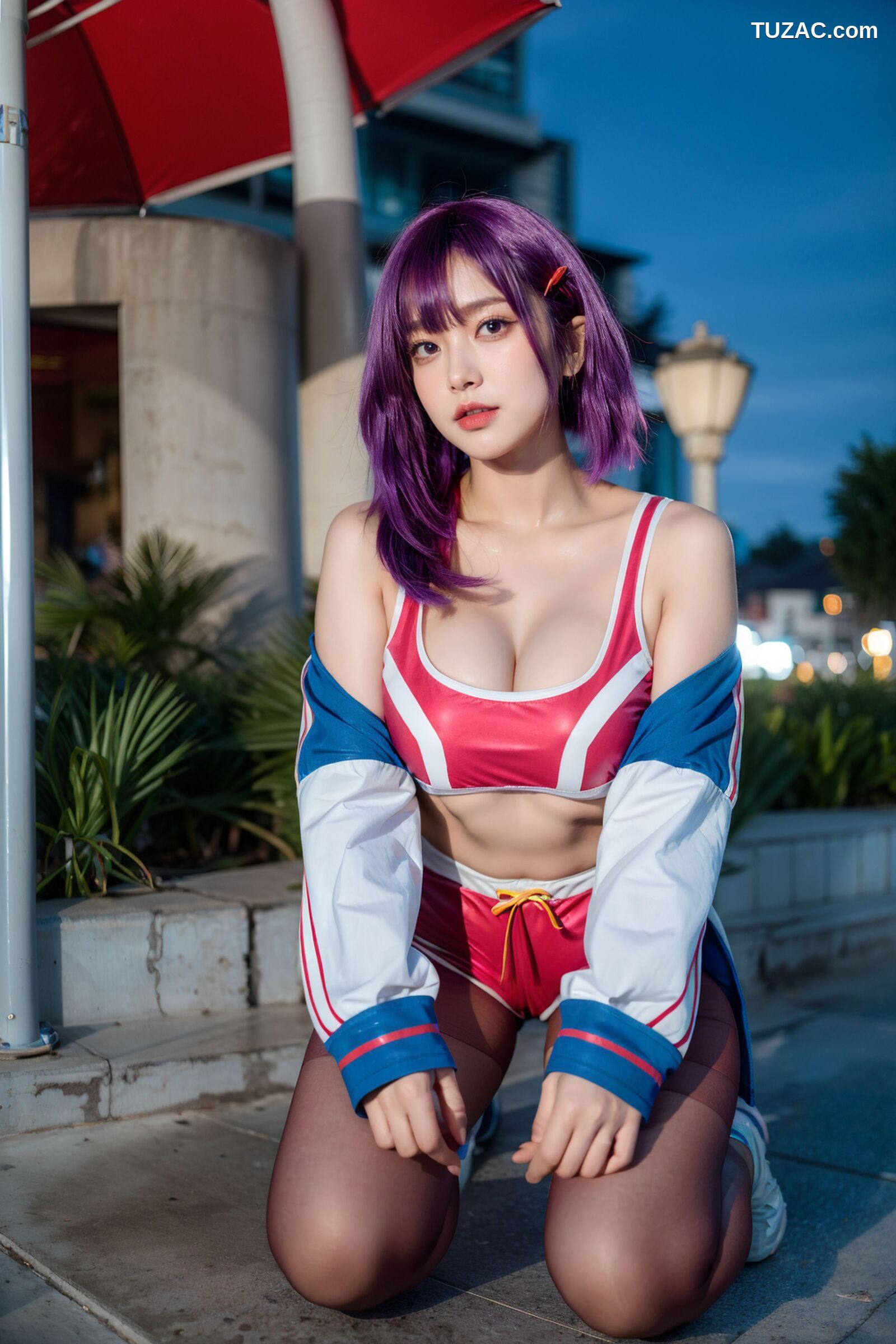 AI美女-拟实-蓝色外套粉色运行背心短裤紫色短发美女