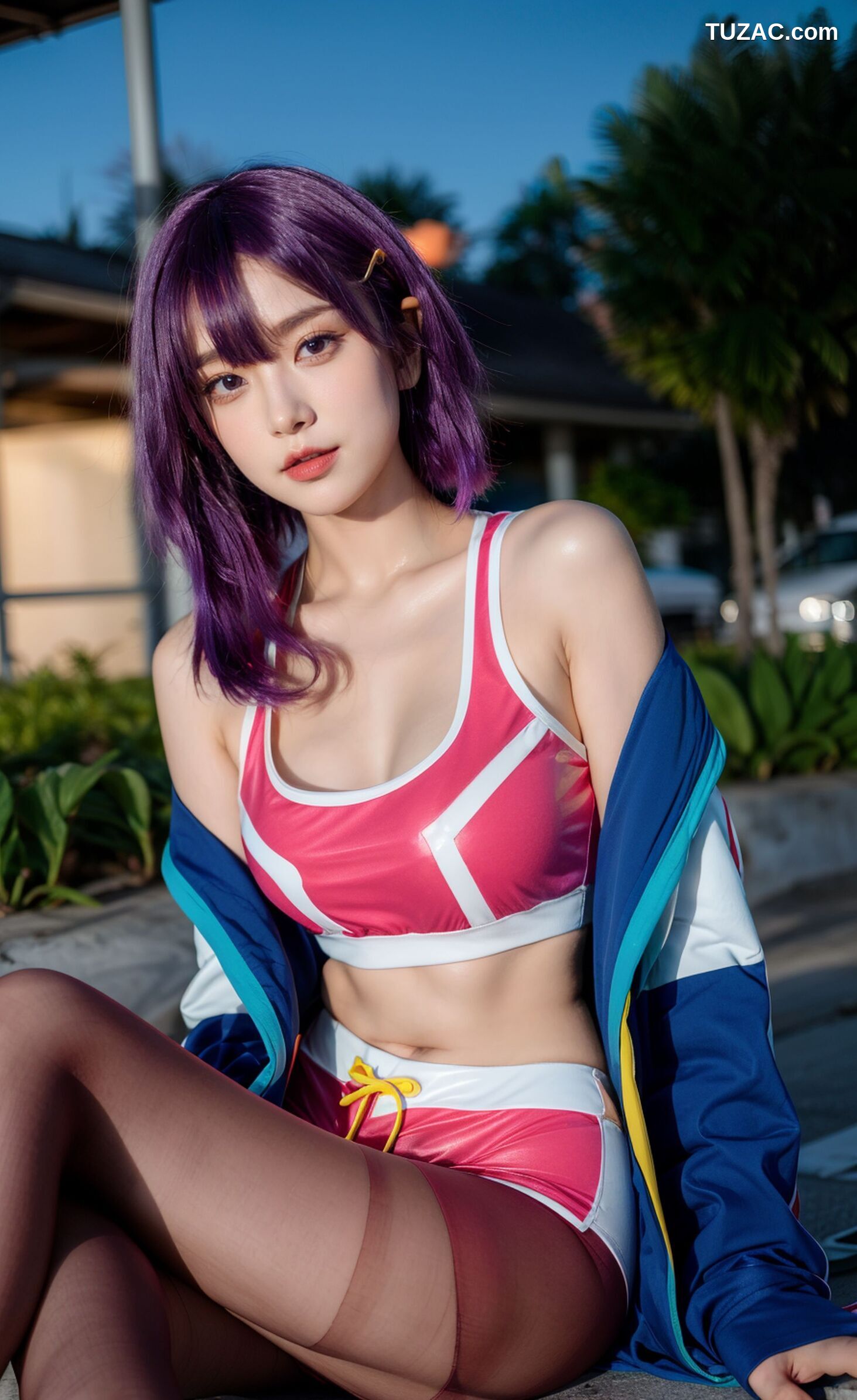 AI美女-拟实-蓝色外套粉色运行背心短裤紫色短发美女