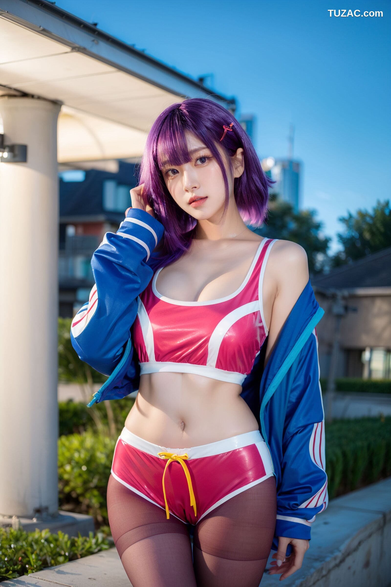 AI美女-拟实-蓝色外套粉色运行背心短裤紫色短发美女