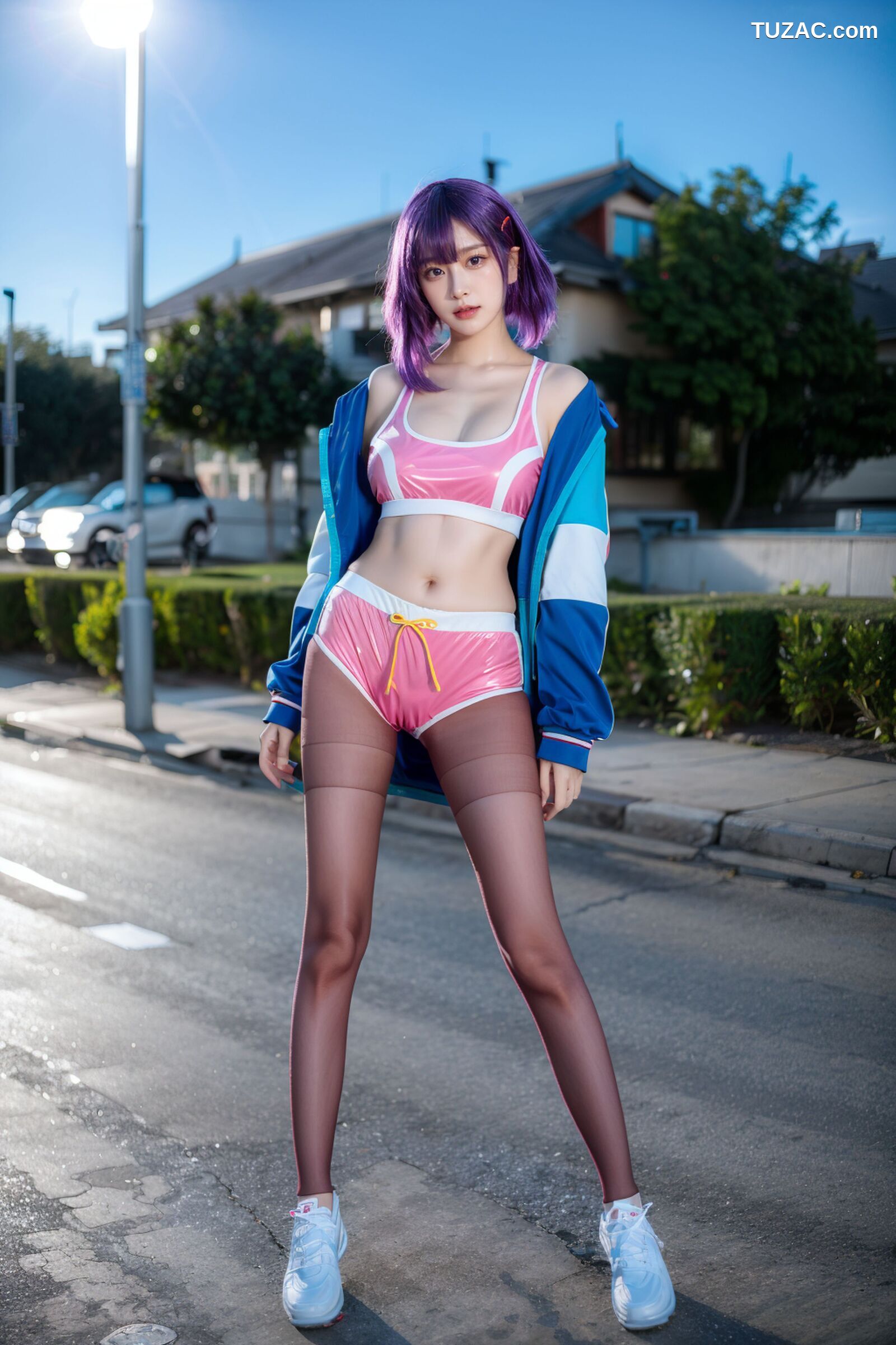 AI美女-拟实-蓝色外套粉色运行背心短裤紫色短发美女