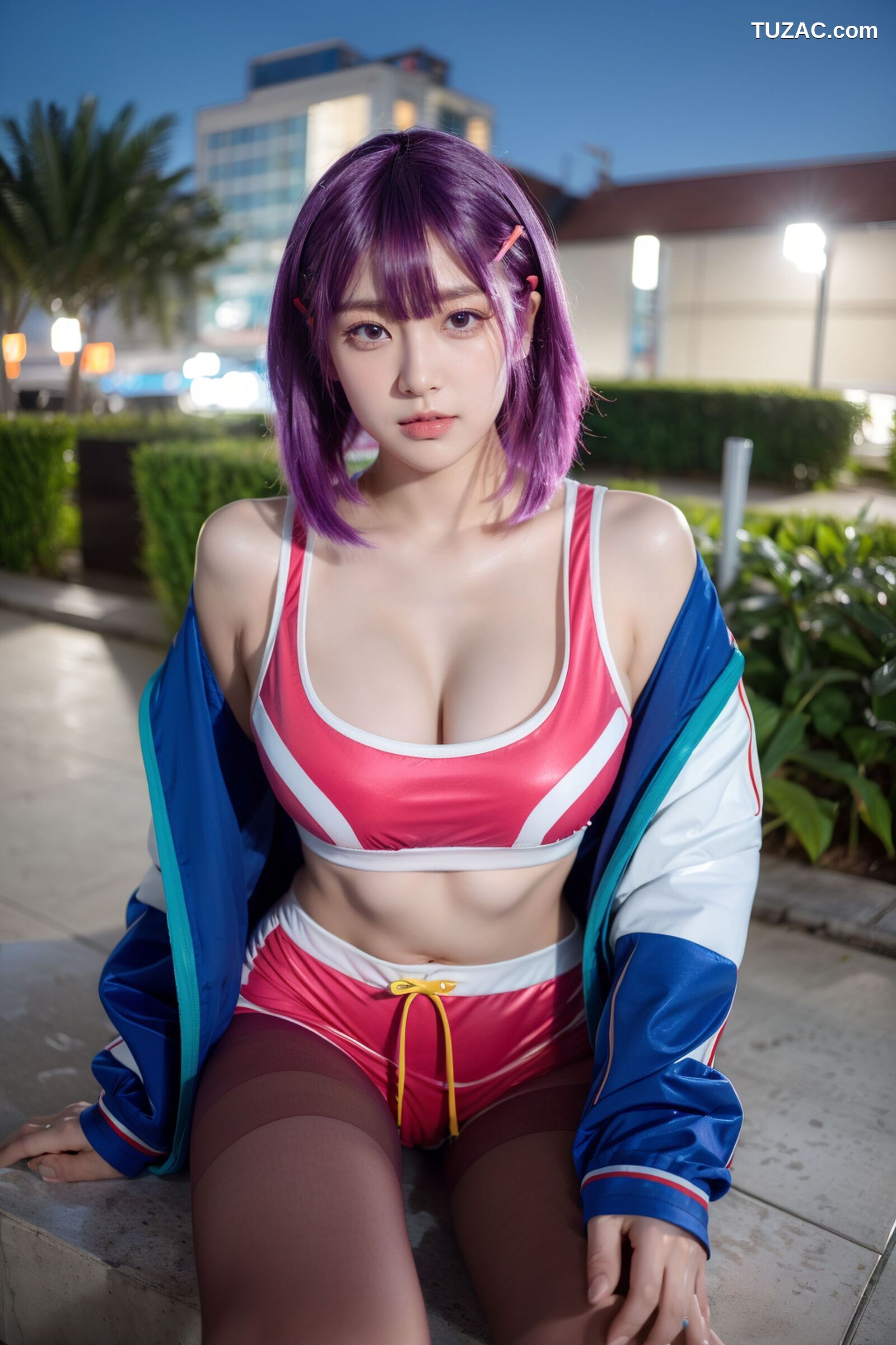 AI美女-拟实-蓝色外套粉色运行背心短裤紫色短发美女