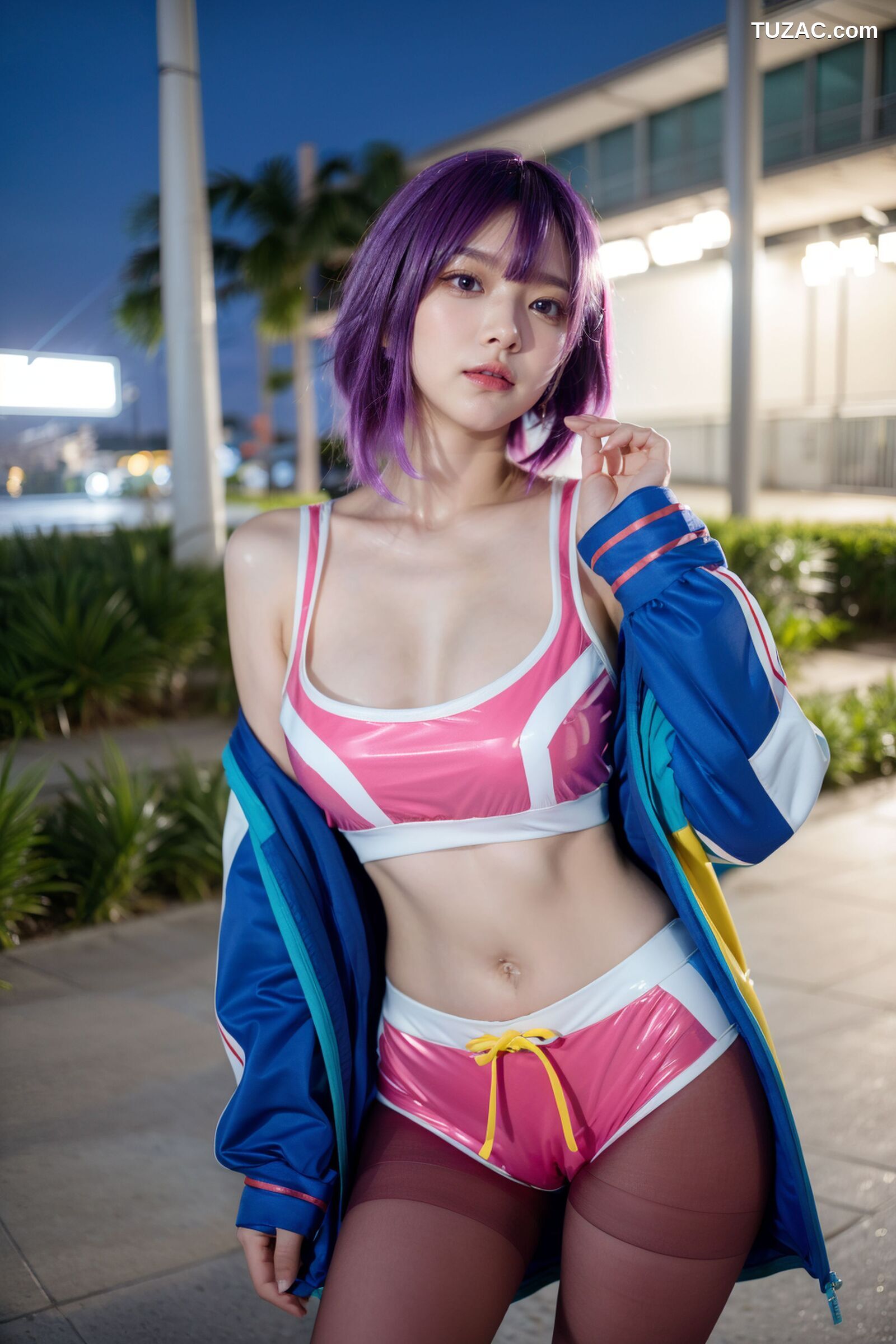 AI美女-拟实-蓝色外套粉色运行背心短裤紫色短发美女
