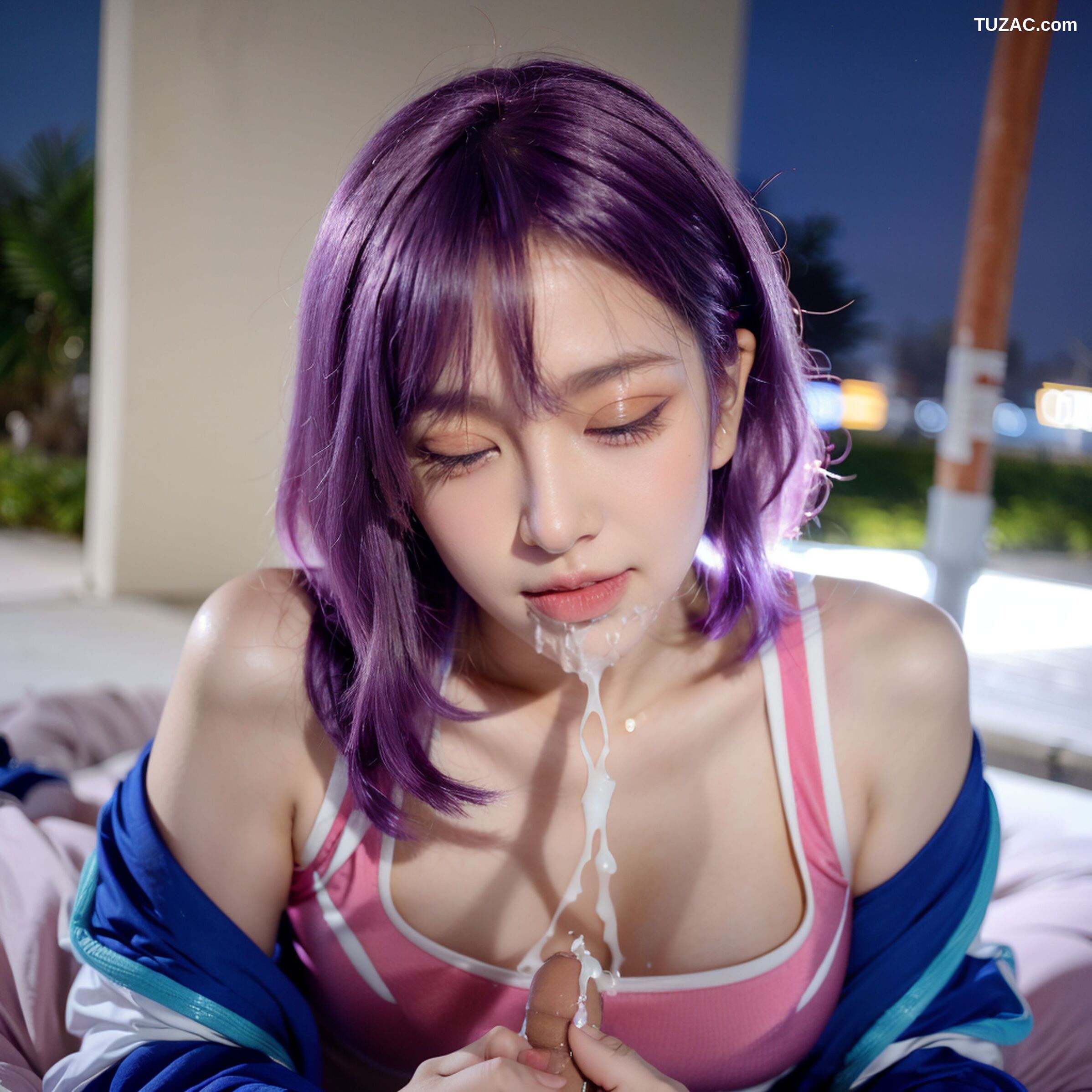 AI美女-拟实-蓝色外套粉色运行背心短裤紫色短发美女