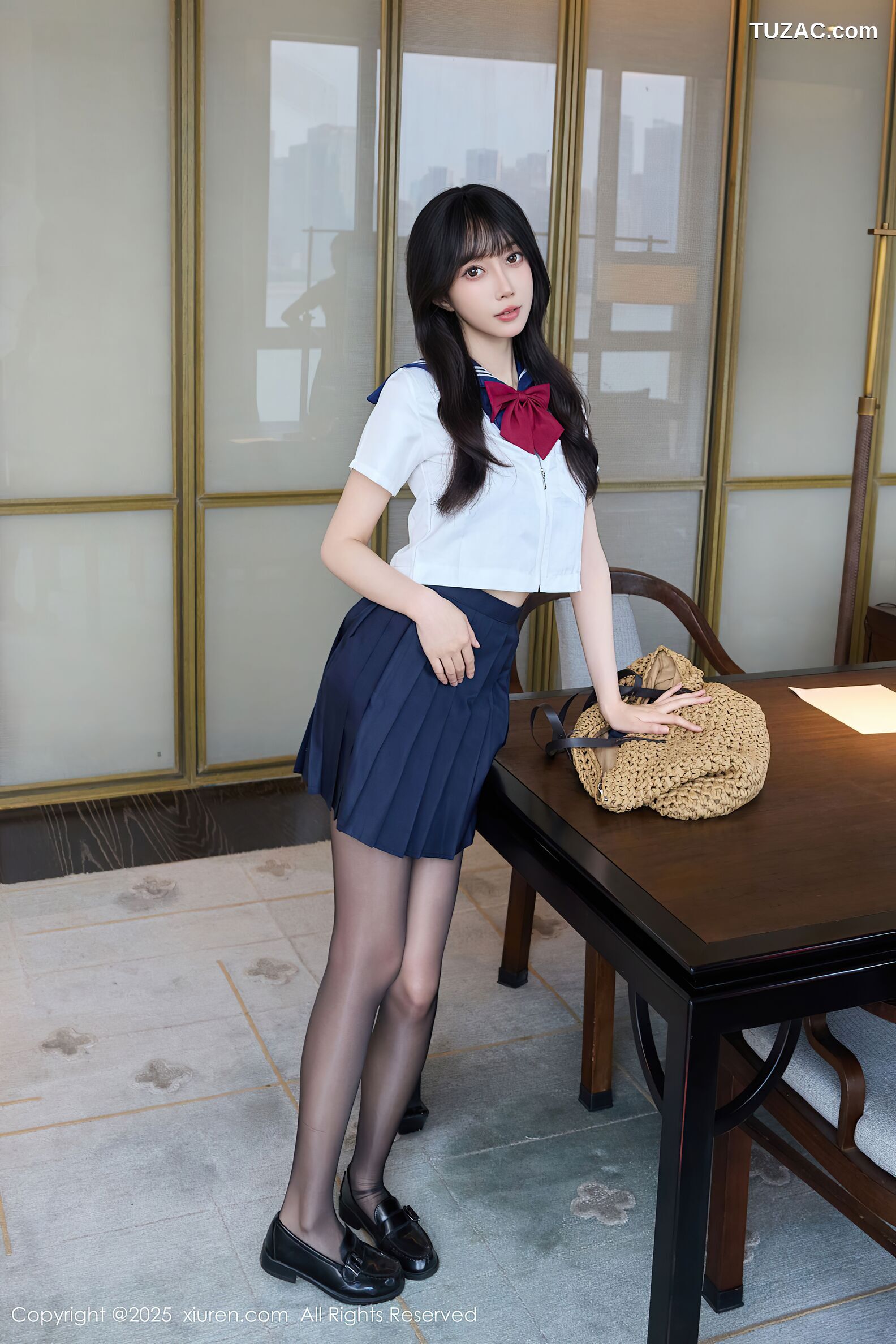 XiuRen秀人网-10766-玥儿玥er-JK制服水手白衬衫深蓝短裙黑色内衣黑丝-2025.09.15